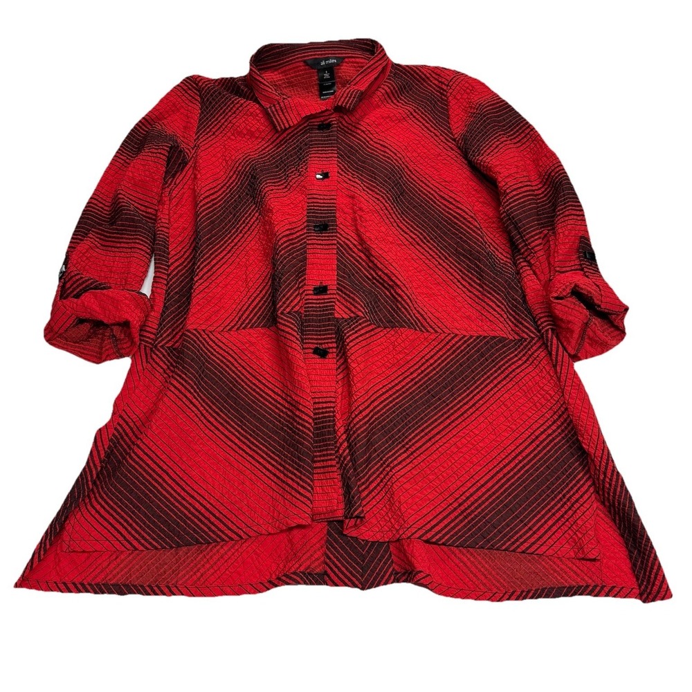 Ali Miles Womens Top Small Button Tunic Lagenlook Artsy Red Jacket Striped